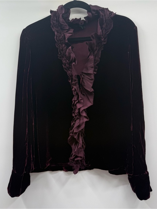 Ralph Lauren Tops - Ralph Lauren Velvet Ruffle Front Button-Down Shirt in Deep Plum